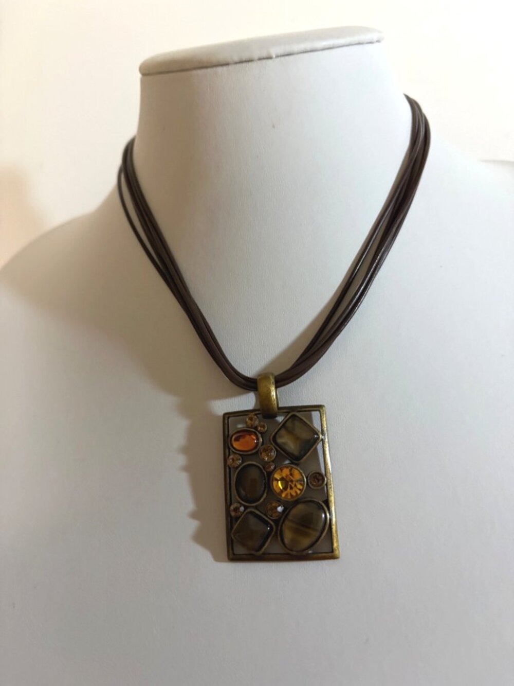 Park Lane Vintage Necklace Multi Strand Brown Cord Geometric Earthy Pendant